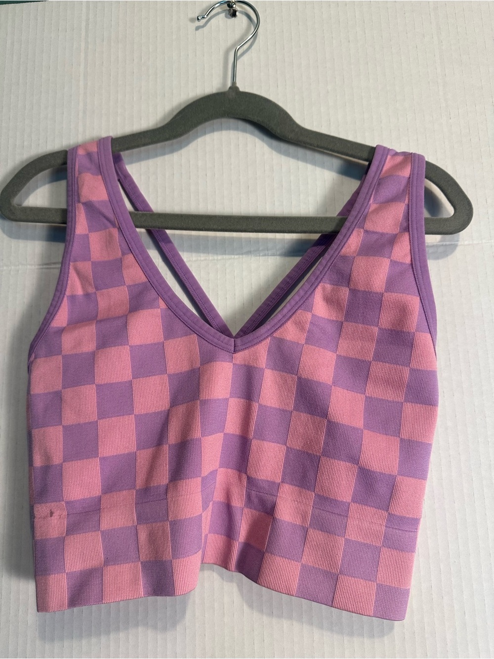 ALO Yoga Pink and Purple Checkered V-Neck Crop Bralette
